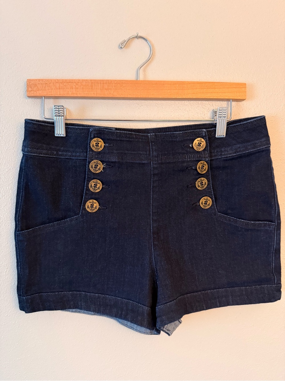 Navy denim High-Waist Sailor Button Shorts cruise vacation yacht wear nautical